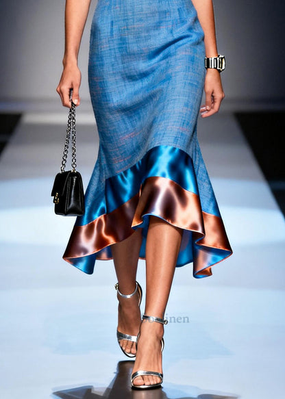 Elegant Blue Ruffled Patchwork Tie Dye Cotton Long Dress Summer