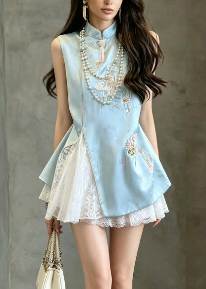Elegant Blue Stand Collar Embroidered Lace Patchwork Mid Dress Sleeveless