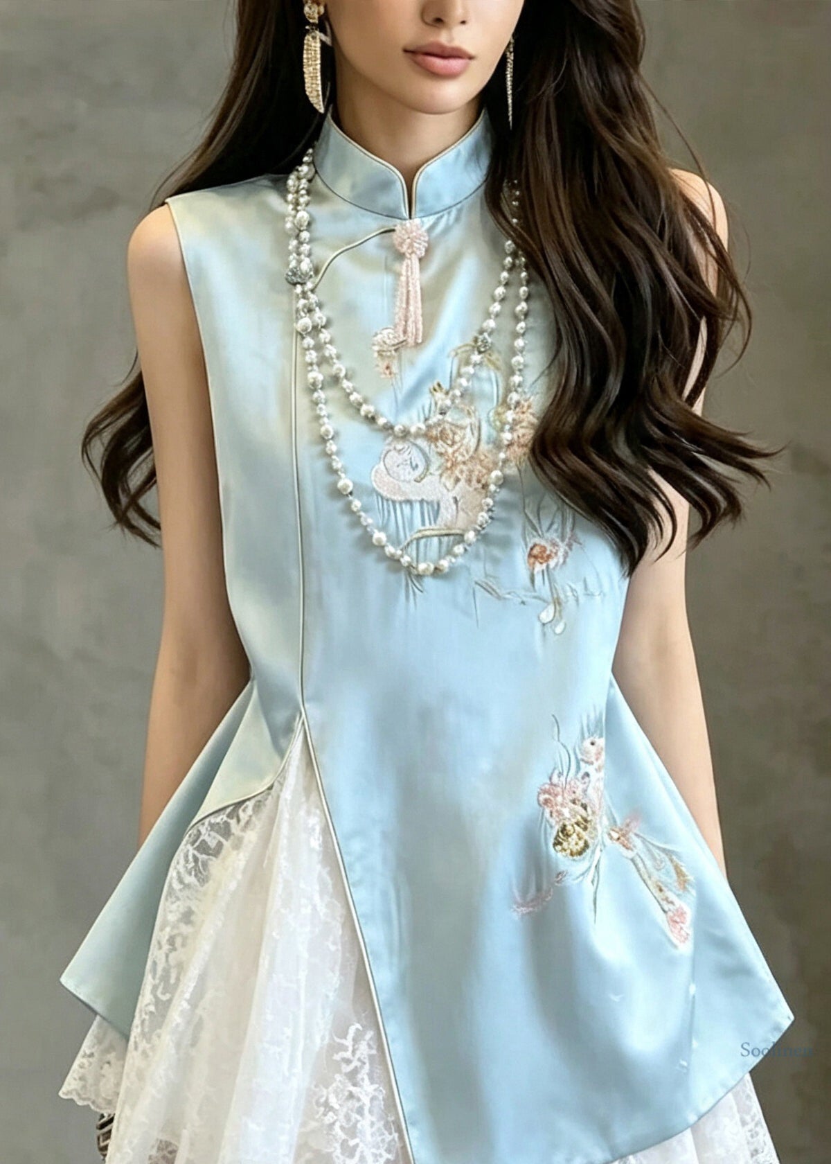 Elegant Blue Stand Collar Embroidered Lace Patchwork Mid Dress Sleeveless
