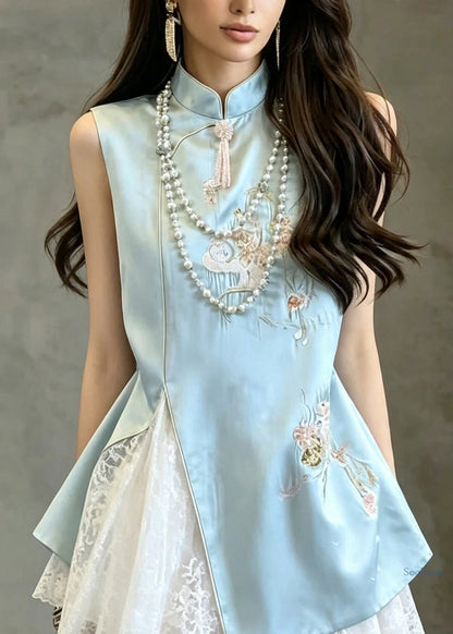 Elegant Blue Stand Collar Embroidered Lace Patchwork Mid Dress Sleeveless