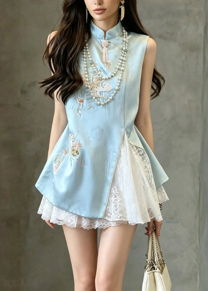 Elegant Blue Stand Collar Embroidered Lace Patchwork Mid Dress Sleeveless