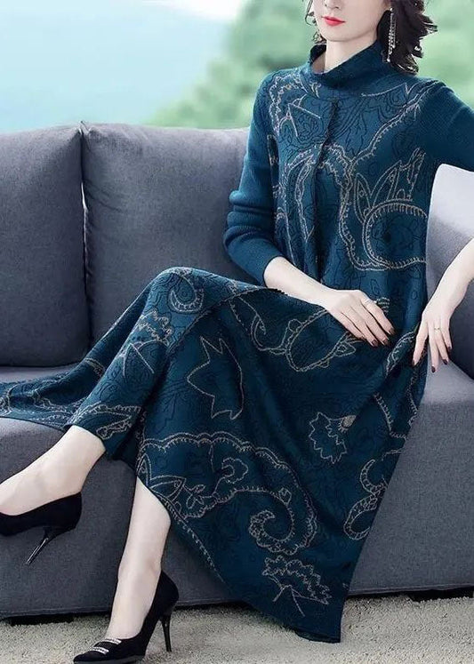 Elegantes blaues Stehkragen-Print-Strickpulloverkleid aus Wolle mit großem Saum für den Winter