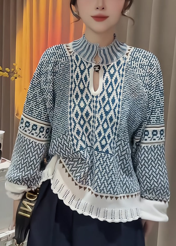 Suéter de punto con cuello alto azul elegante y estampado para primavera