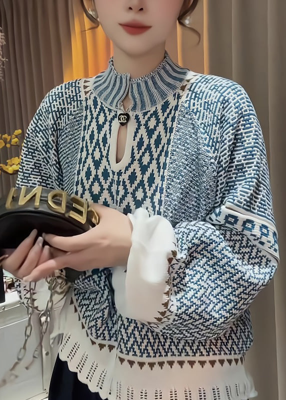 Suéter de punto con cuello alto azul elegante y estampado para primavera