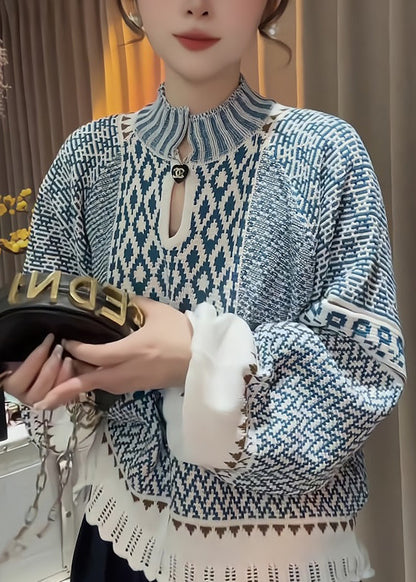 Suéter de punto con cuello alto azul elegante y estampado para primavera
