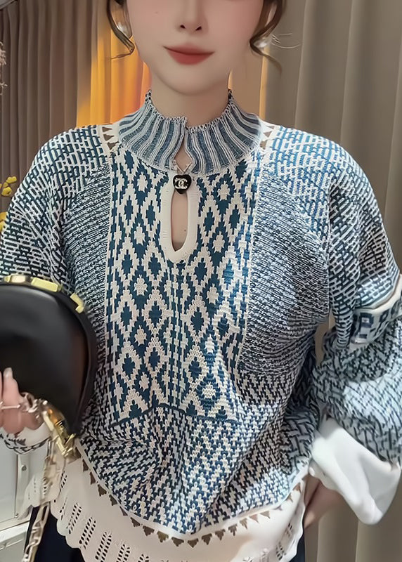 Suéter de punto con cuello alto azul elegante y estampado para primavera