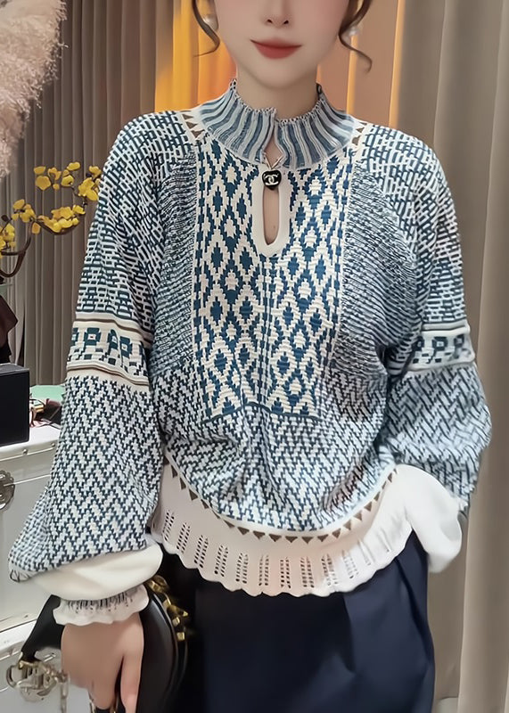 Suéter de punto con cuello alto azul elegante y estampado para primavera
