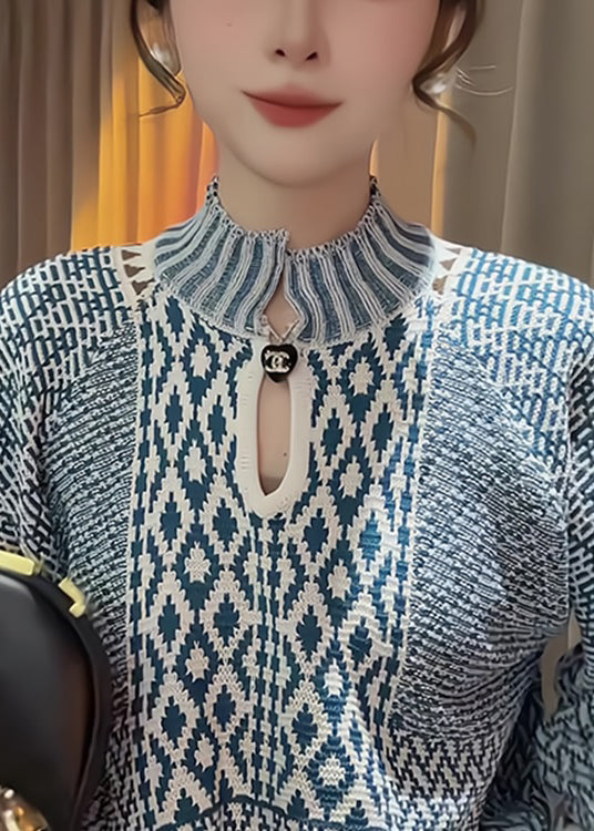 Suéter de punto con cuello alto azul elegante y estampado para primavera