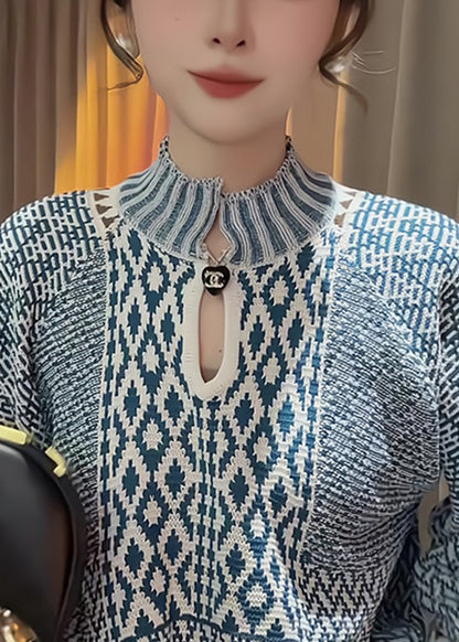 Suéter de punto con cuello alto azul elegante y estampado para primavera