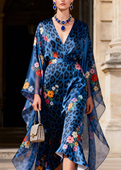 Elegant Blue V Neck Leopard Print Silk Long Dress Summer
