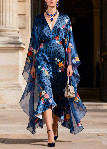 Elegant Blue V Neck Leopard Print Silk Long Dress Summer