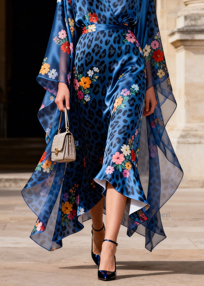 Elegant Blue V Neck Leopard Print Silk Long Dress Summer
