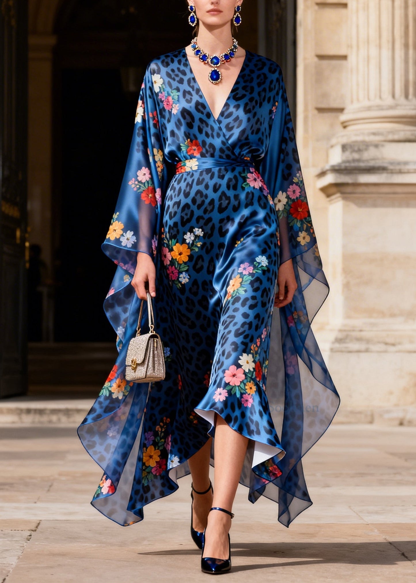 Elegant Blue V Neck Leopard Print Silk Long Dress Summer