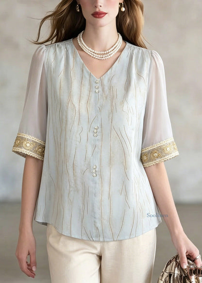 Elegant Blue V Neck Patchwork Shirt Summer