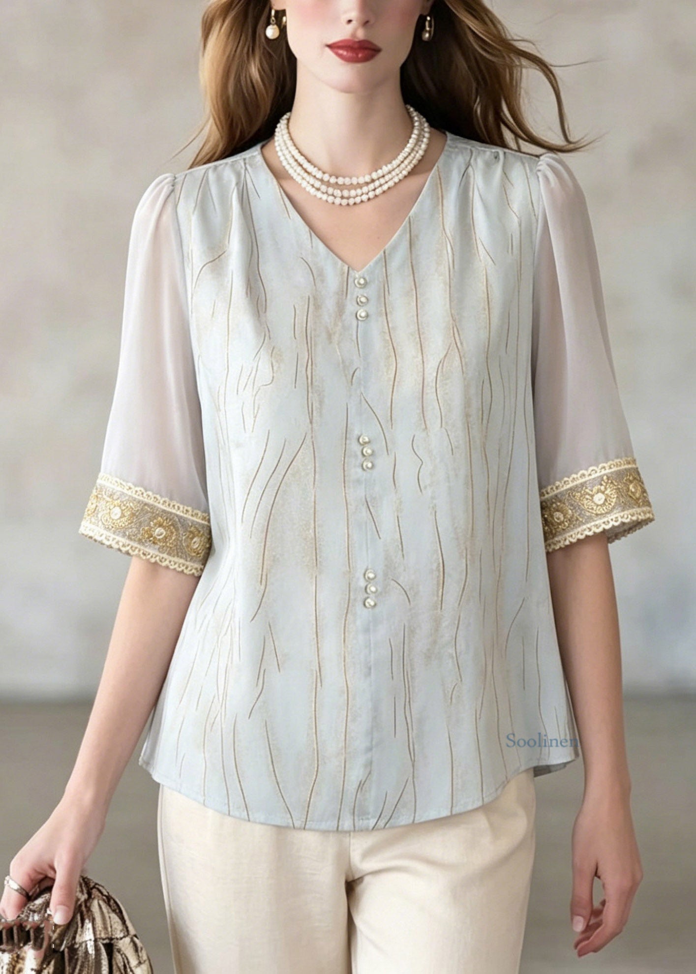Elegant Blue V Neck Patchwork Shirt Summer