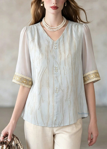 Elegant Blue V Neck Patchwork Shirt Summer