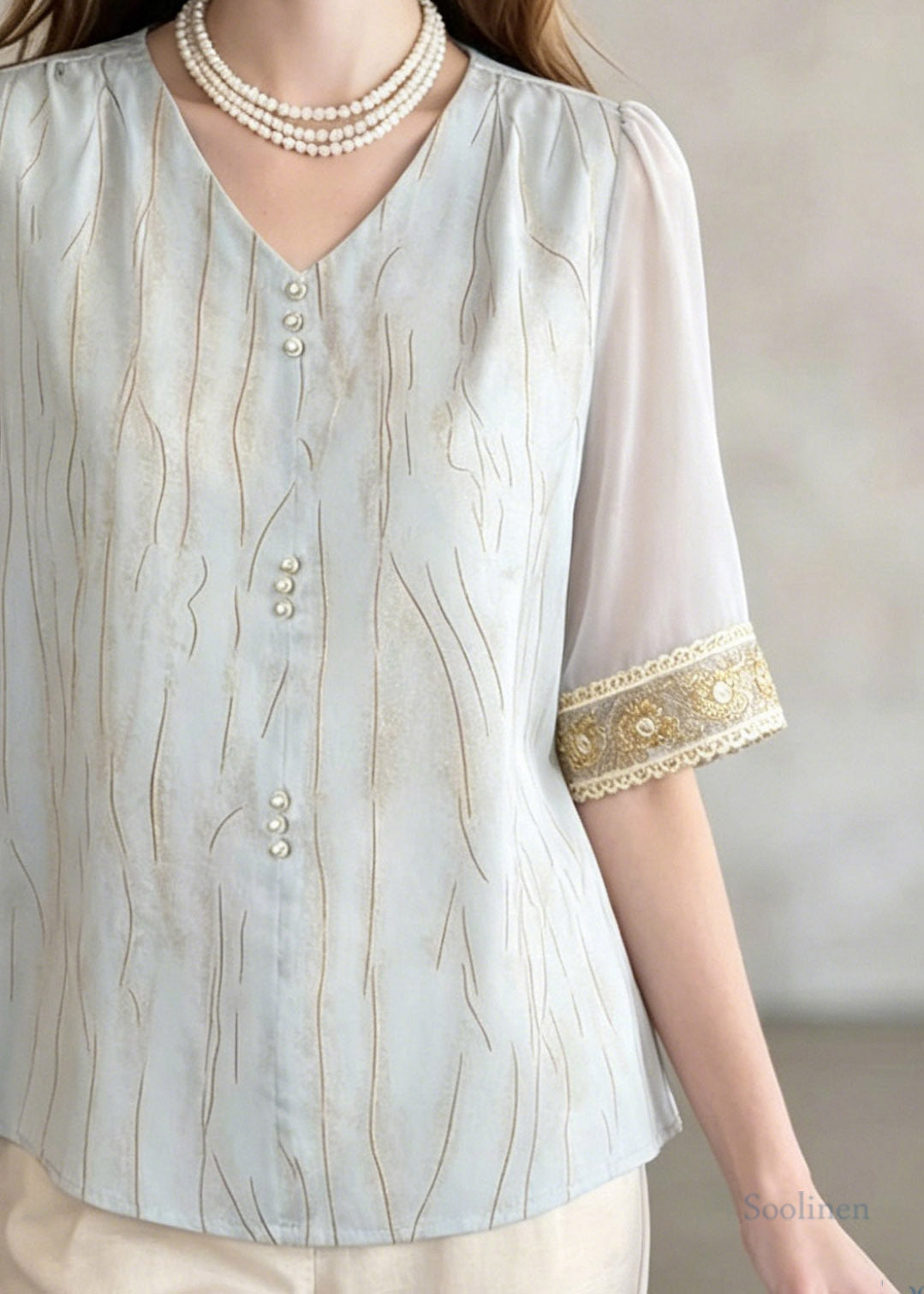 Elegant Blue V Neck Patchwork Shirt Summer