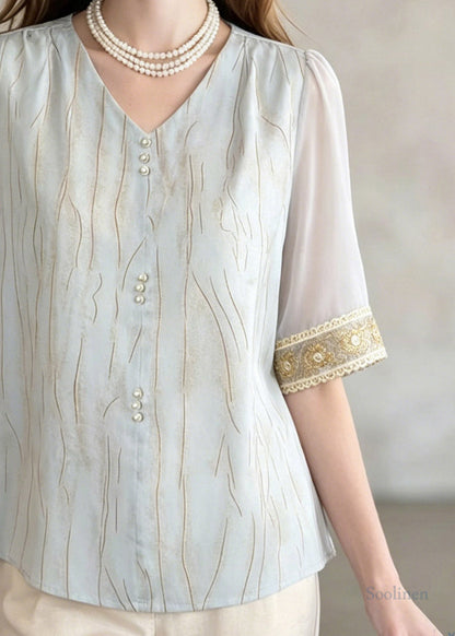 Elegant Blue V Neck Patchwork Shirt Summer