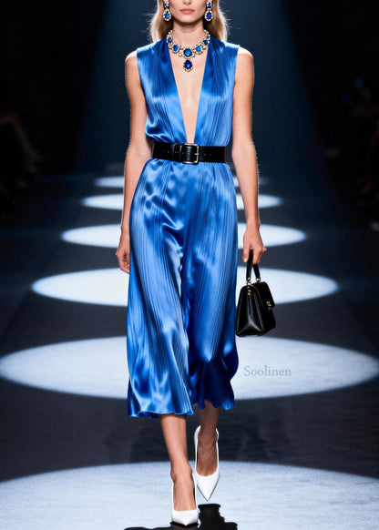 Elegant Blue V Neck Patchwork Silk Dress Sleeveless