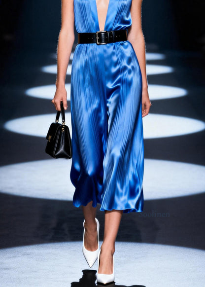 Elegant Blue V Neck Patchwork Silk Dress Sleeveless