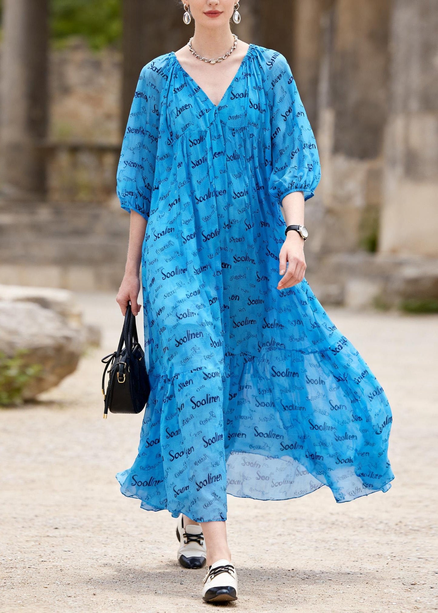 Elegant Blue V Neck Print Chiffon Ankle Dress Summer