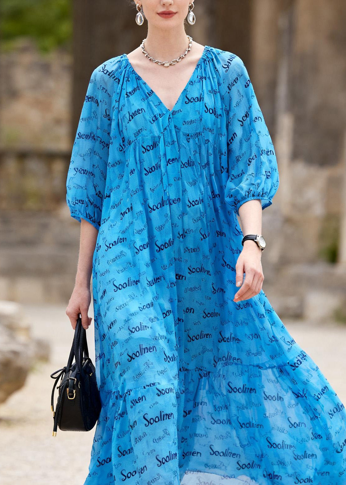 Elegant Blue V Neck Print Chiffon Ankle Dress Summer