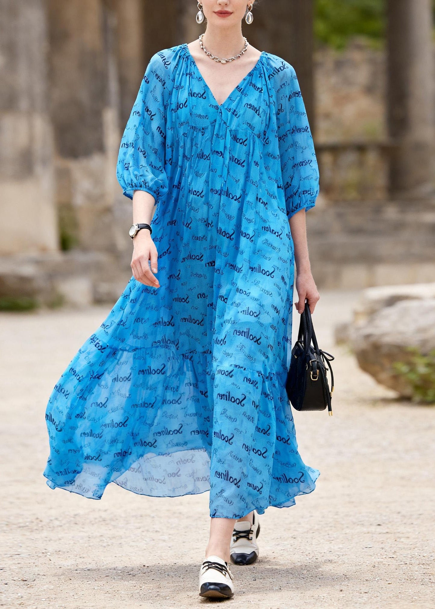 Elegant Blue V Neck Print Chiffon Ankle Dress Summer