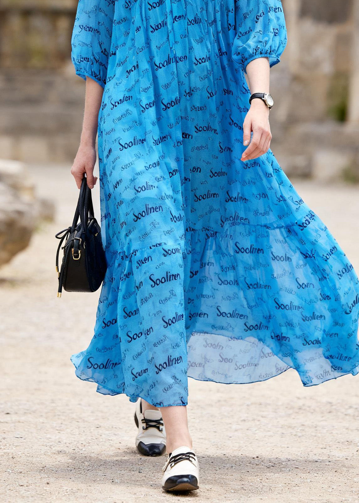 Elegant Blue V Neck Print Chiffon Ankle Dress Summer