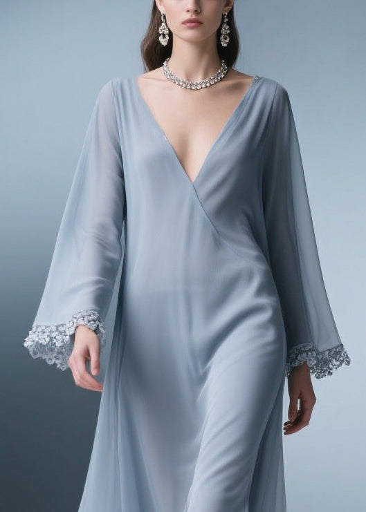 Elegant Blue V Neck Solid Lace Chiffon Long Dress Spring