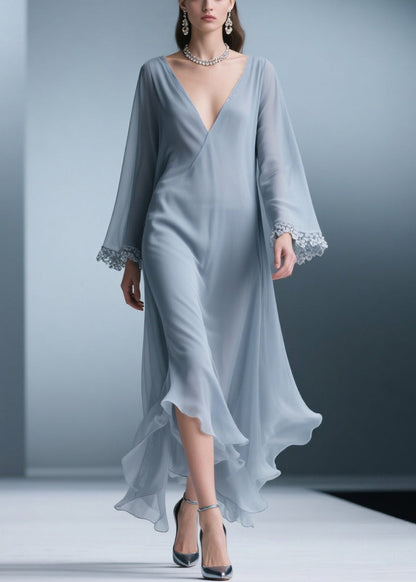 Elegant Blue V Neck Solid Lace Chiffon Long Dress Spring