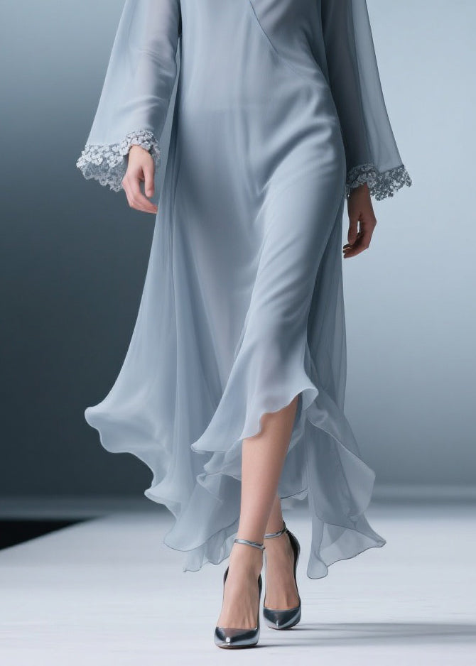 Elegant Blue V Neck Solid Lace Chiffon Long Dress Spring