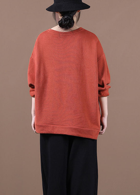 Elegantes, ziegelrotes, besticktes Sweatshirt mit Rundhalsausschnitt und lockerem Schnitt für den Herbst