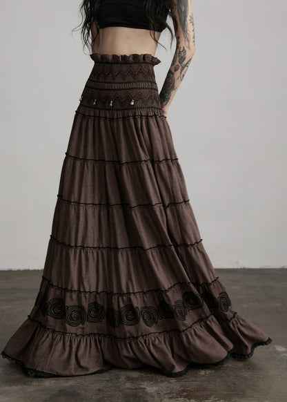 Eleganter brauner bestickter Baumwollrock mit Quasten für die Feiertage im Frühling