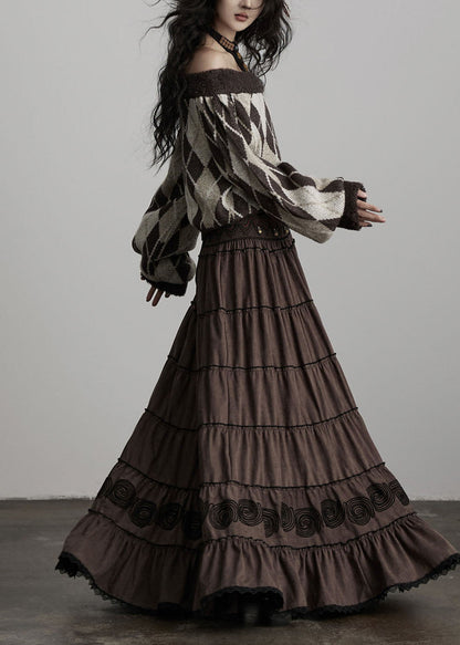 Eleganter brauner bestickter Baumwollrock mit Quasten für die Feiertage im Frühling