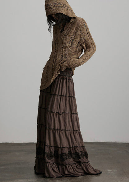 Eleganter brauner bestickter Baumwollrock mit Quasten für die Feiertage im Frühling