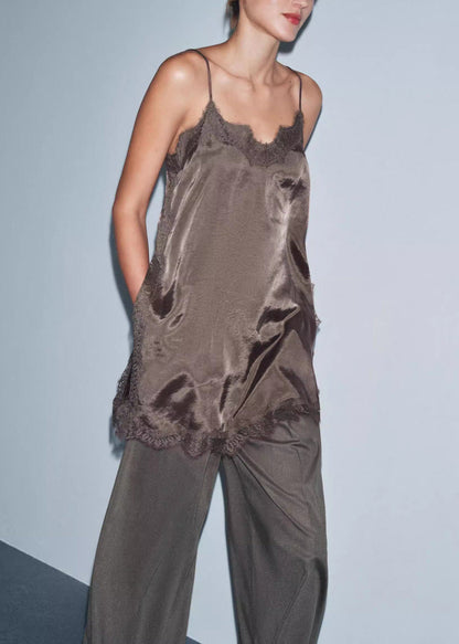 Elegant Brown Lace Patchwork Silk Spaghetti Strap Top Summer