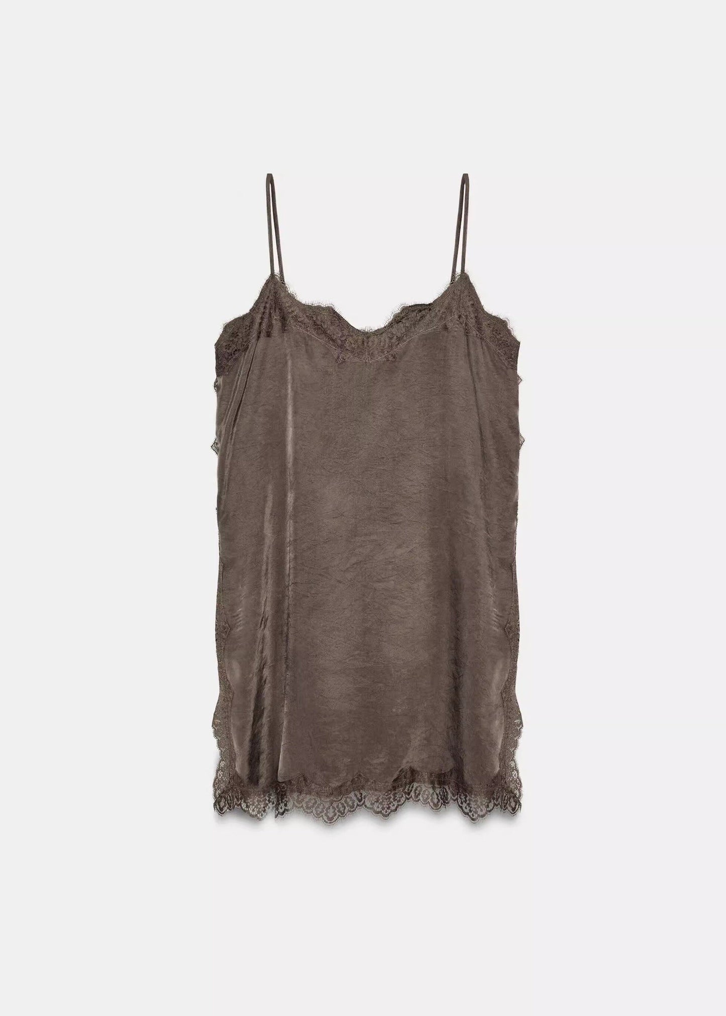 Elegant Brown Lace Patchwork Silk Spaghetti Strap Top Summer