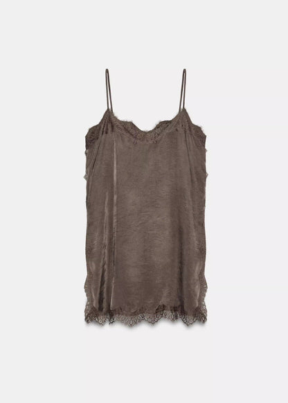 Elegant Brown Lace Patchwork Silk Spaghetti Strap Top Summer