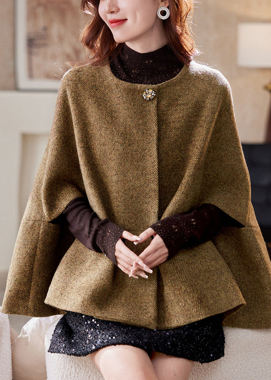 Elegant Brown O-Neck Button Woolen Coats Batwing Sleeve