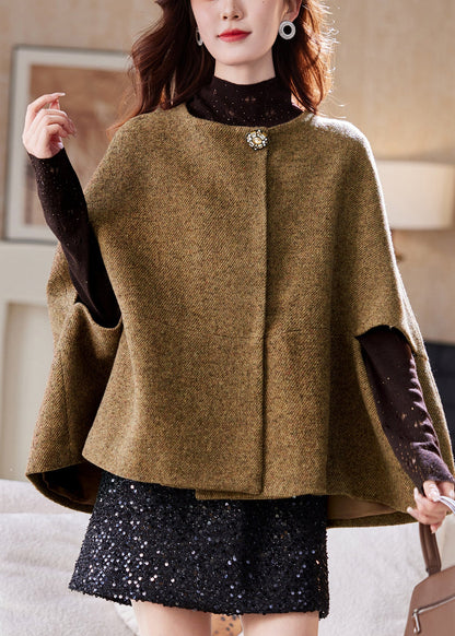 Elegant Brown O-Neck Button Woolen Coats Batwing Sleeve