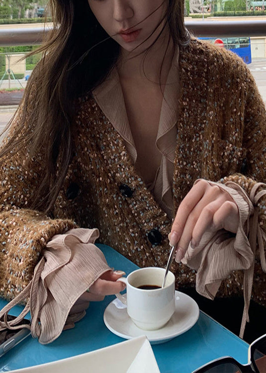 Elegant Brown Oversized Color Dots Knit Loose Coat Spring