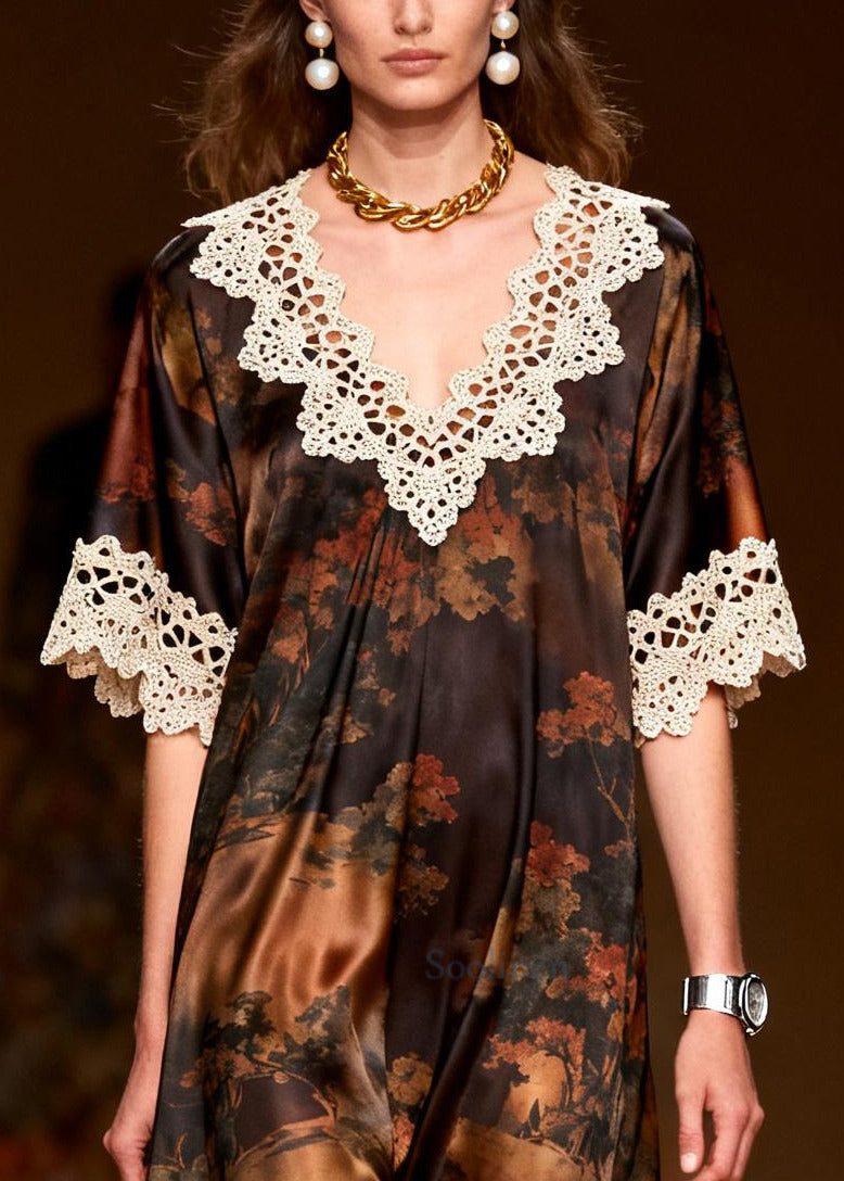 Elegant Brown Oversized Lace Patchwork Silk Dress Summer