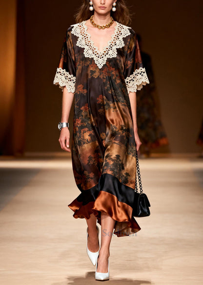 Elegant Brown Oversized Lace Patchwork Silk Dress Summer