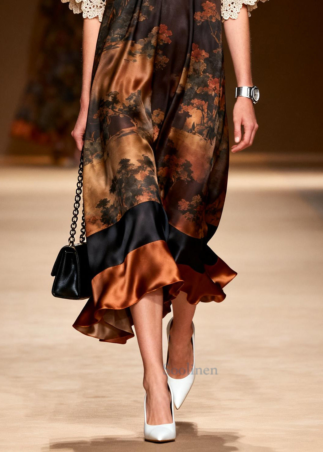 Elegant Brown Oversized Lace Patchwork Silk Dress Summer