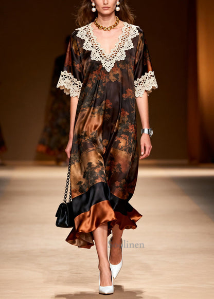 Elegant Brown Oversized Lace Patchwork Silk Dress Summer