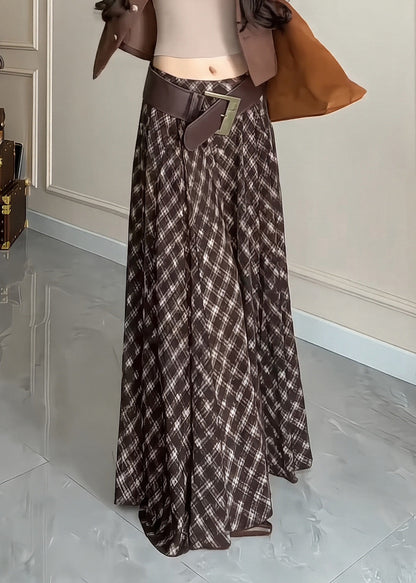 Elegant Brown Plaid Exra Large Hem Cotton Skirts Winter