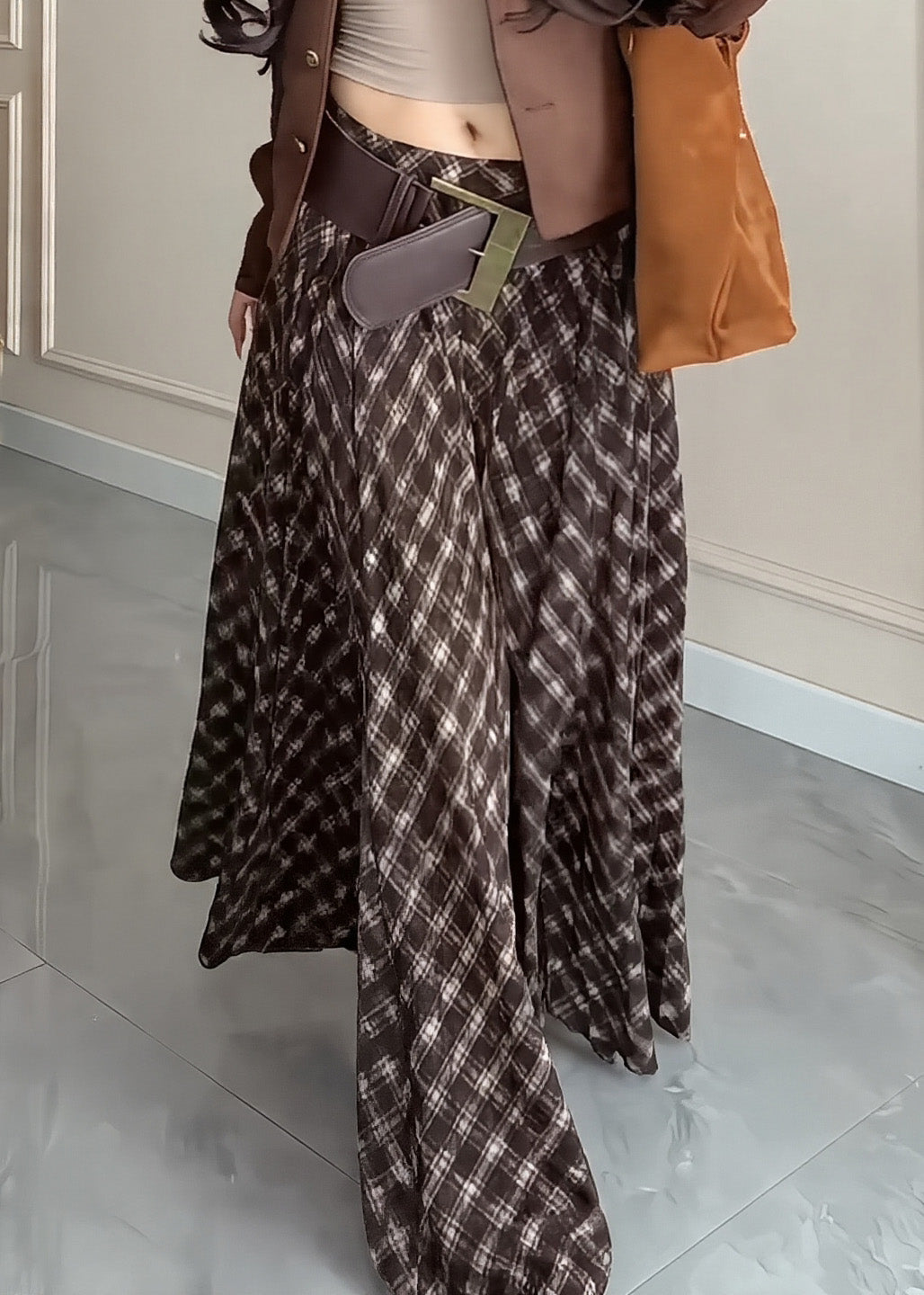 Elegant Brown Plaid Exra Large Hem Cotton Skirts Winter
