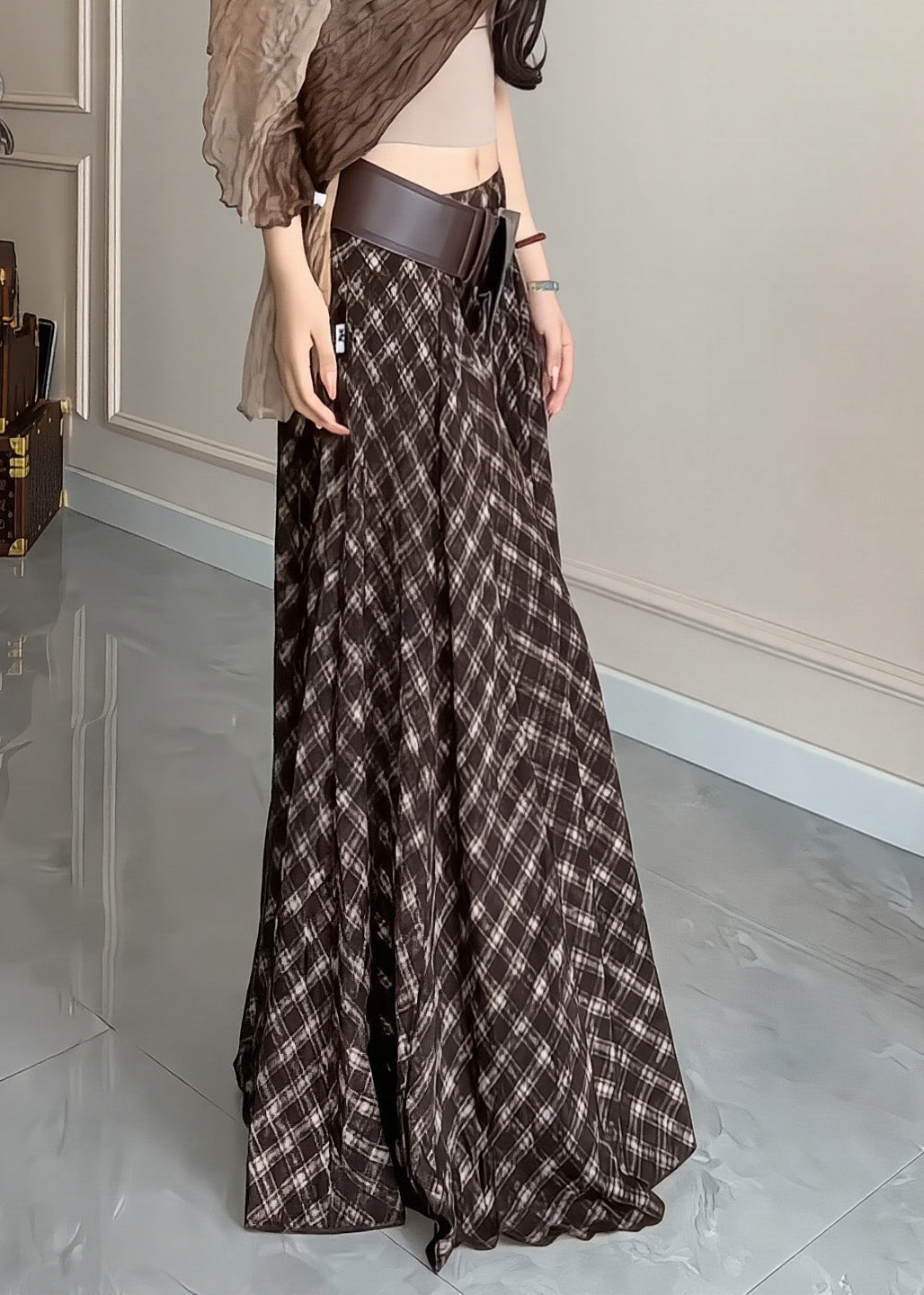 Elegant Brown Plaid Exra Large Hem Cotton Skirts Winter