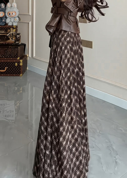 Elegant Brown Plaid Exra Large Hem Cotton Skirts Winter