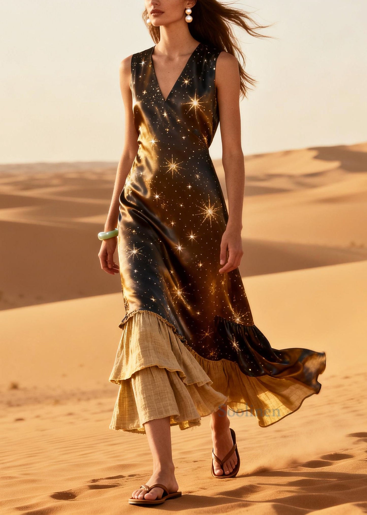 Elegant Brown Star Patchwork Linen Silk Maxi Dresses Summer
